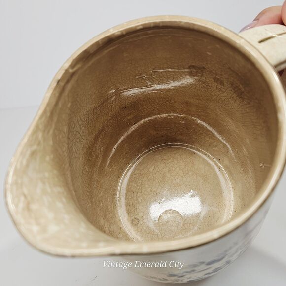 Antique English Ironstone Blue Pitcher Transferware Floral Stained Crazed Jug - Picture 4 of 13